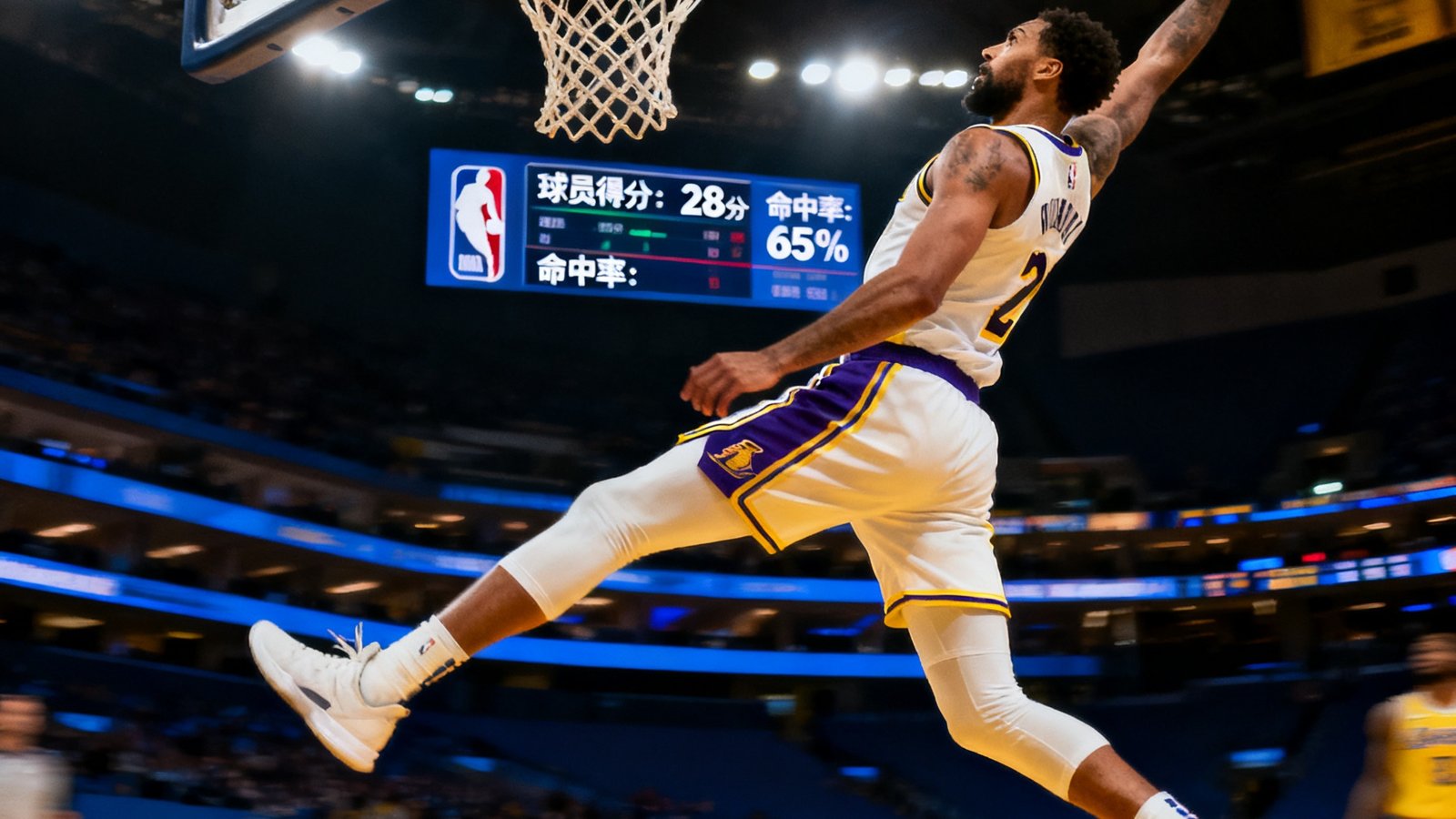 NBA新赛季揭幕战精彩瞬间截图，画面中球员飞身扣篮，背景显示友博体育实时数据面板上的球员得分和命中率统计